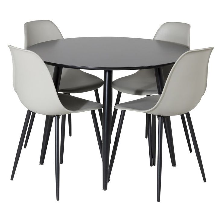 Ruokailuryhmä Venture Home, ⌀100cm musta Plaza-pöytä + 4 harmaata Polar Plastic -tuolia