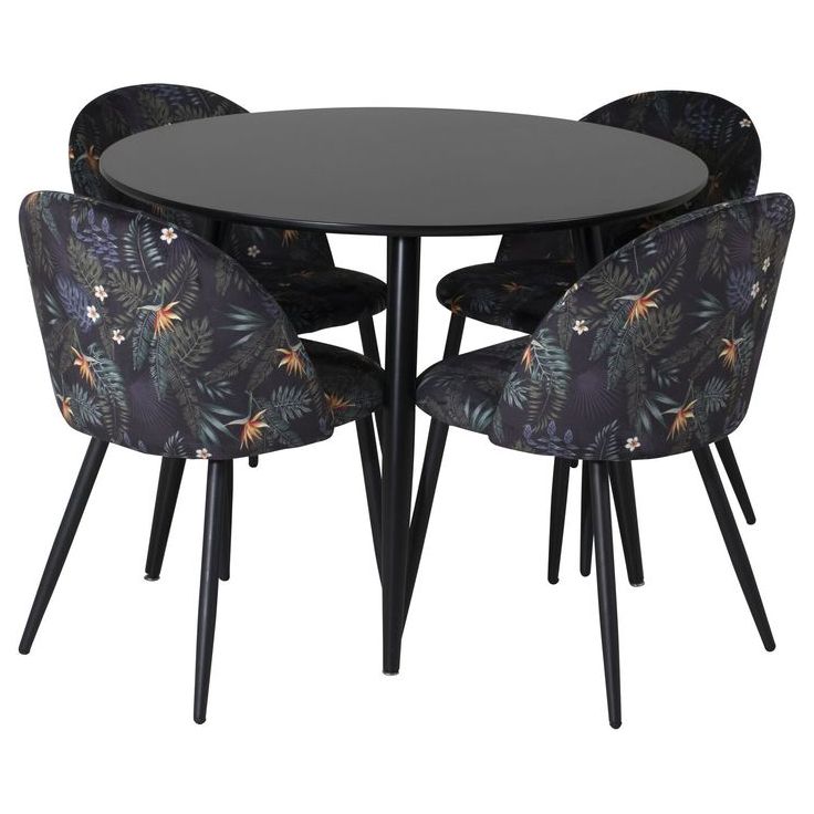 Ruokailuryhmä Venture Home, ⌀100cm musta Plaza-pöytä + 4 mustaa Velvet-tuolia kukkakuosilla
