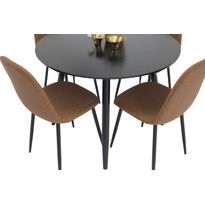 Ruokailuryhmä Venture Home, ⌀100cm musta Plaza-pöytä + 4 ruskeaa Polar PU-tuolia
