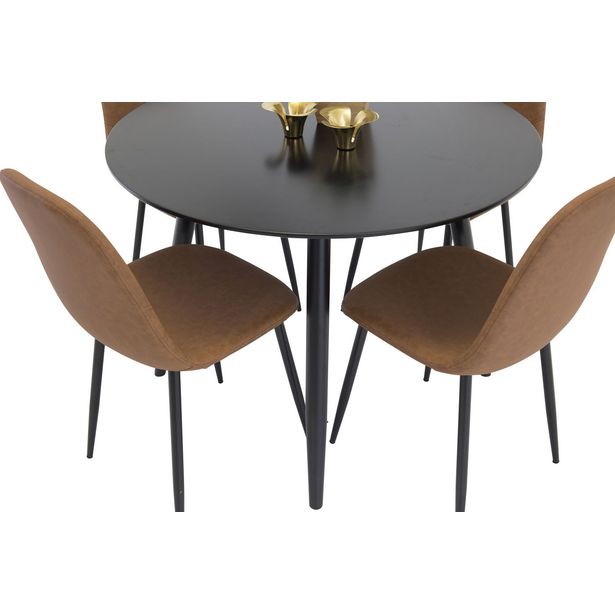 Ruokailuryhmä Venture Home, ⌀100cm musta Plaza-pöytä + 4 ruskeaa Polar PU-tuolia