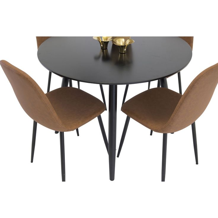 Ruokailuryhmä Venture Home, ⌀100cm musta Plaza-pöytä + 4 ruskeaa Polar PU-tuolia