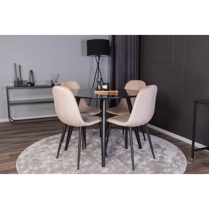 Ruokailuryhmä Venture Home, ⌀100cm musta Plaza-pöytä + 4 beigeä Polar Velvet -tuolia