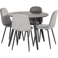 Ruokailuryhmä Venture Home, ⌀100cm musta Plaza-pöytä + 4 harmaata Polar Velvet -tuolia