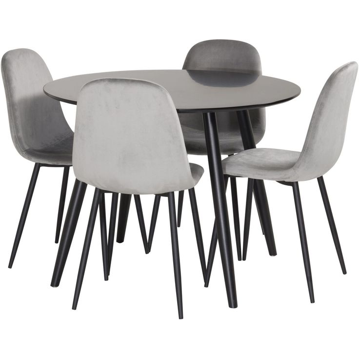 Ruokailuryhmä Venture Home, ⌀100cm musta Plaza-pöytä + 4 harmaata Polar Velvet -tuolia
