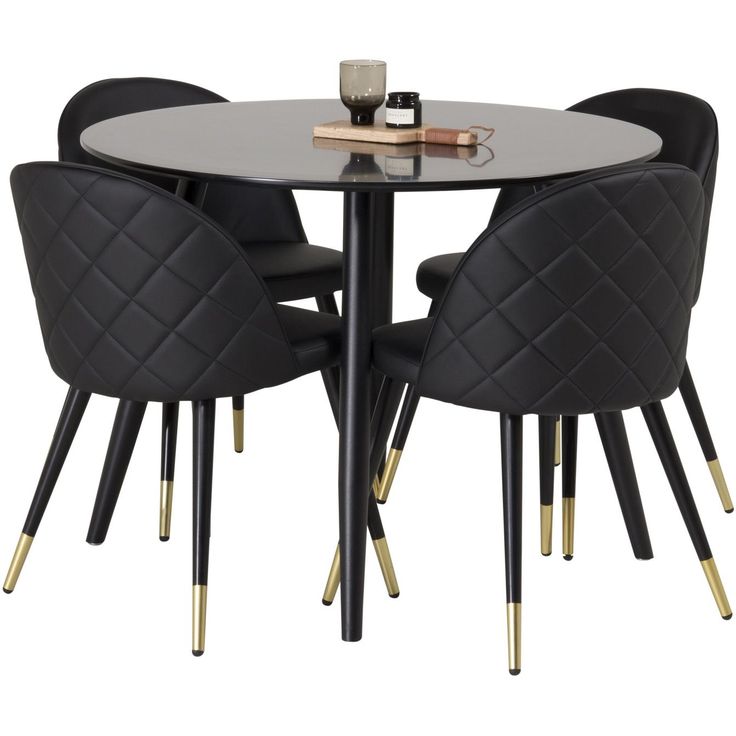 Ruokailuryhmä Venture Home, ⌀100cm musta Plaza-pöytä + 4 mustaa Velvet Deluxe PU -tuolia