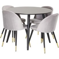 Ruokailuryhmä Venture Home, ⌀100cm musta Plaza-pöytä + 4 Velvet-tuolia, messinkijalat
