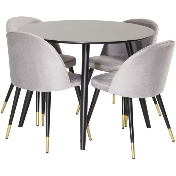 Ruokailuryhmä Venture Home, ⌀100cm musta Plaza-pöytä + 4 Velvet-tuolia, messinkijalat