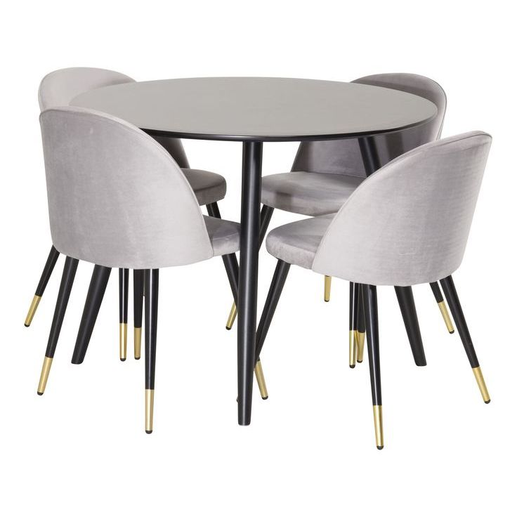 Ruokailuryhmä Venture Home, ⌀100cm musta Plaza-pöytä + 4 Velvet-tuolia, messinkijalat