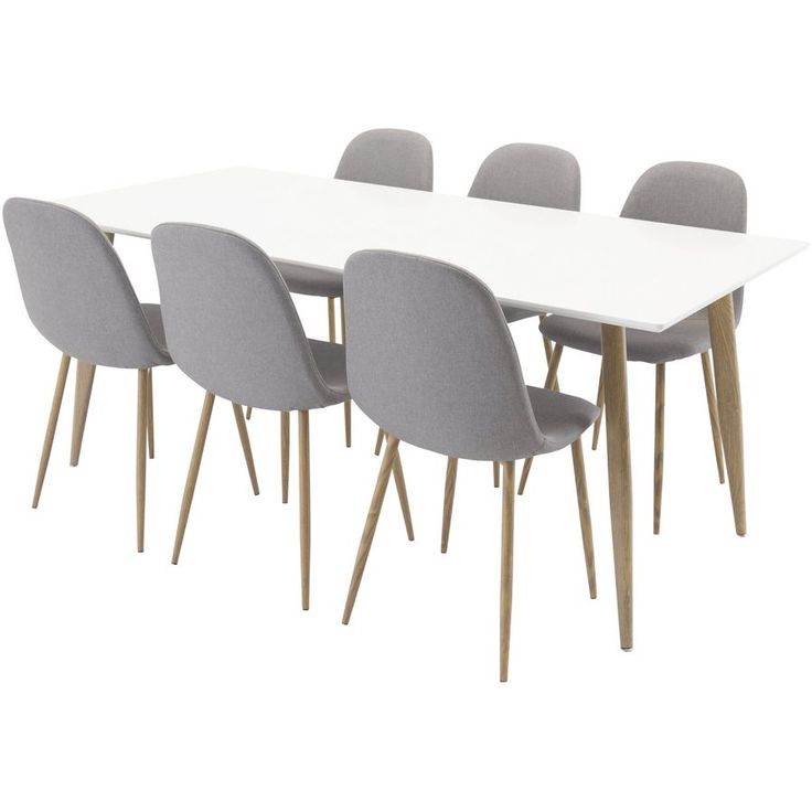 Ruokailuryhmä Venture Home, 180x90cm valkoinen/ruskea Polar-pöytä + 6 vaaleanharmaata Polar-tuolia, ruskeat jalat