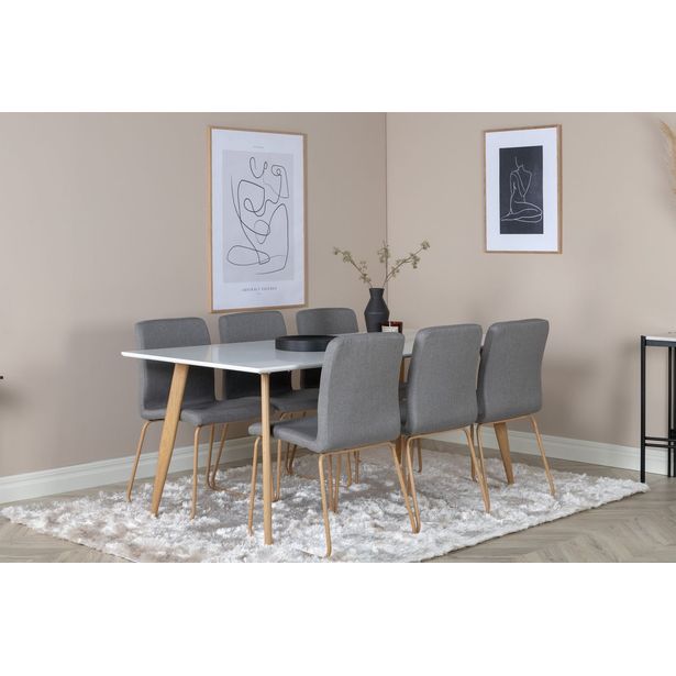 Ruokailuryhmä Venture Home, 180x90cm valkoinen/ruskea Polar-pöytä + 6 harmaata Mace-tuolia