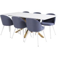 Ruokailuryhmä Venture Home, 180x90cm valkoinen/ruskea Piazza-pöytä + 6 sinistä Velvet-tuolia