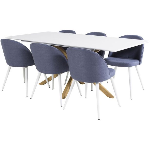 Ruokailuryhmä Venture Home, 180x90cm valkoinen/ruskea Piazza-pöytä + 6 sinistä Velvet-tuolia