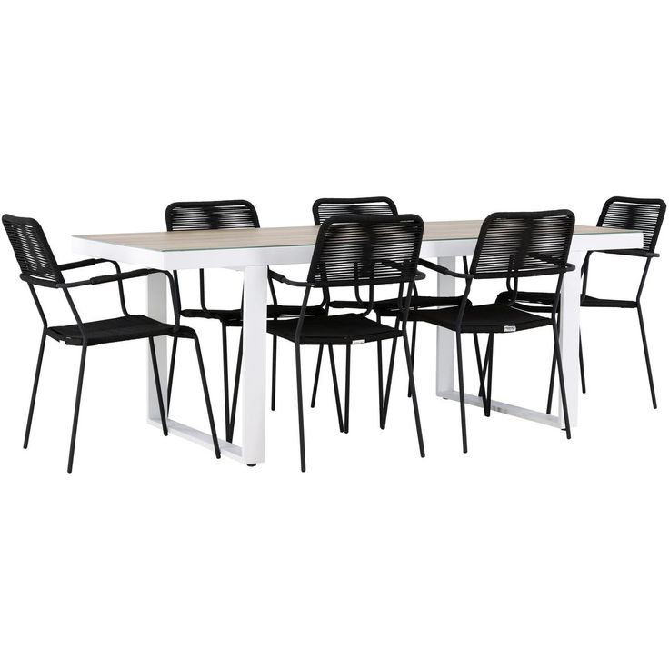 Ruokailuryhmä Venture Home, 200x90cm, beige/valkoinen Merlo-pöytä + 6 mustaa Lindos-tuolia, käsinojilla