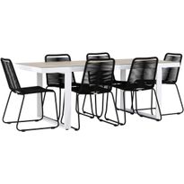 Ruokailuryhmä Venture Home, 200x90cm, beige/valkoinen Merlo-pöytä + 6 mustaa, pinottavaa Lindos-tuolia