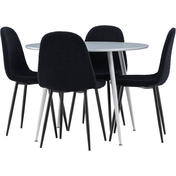 Pyöreä ruokailuryhmä Venture Home, Ø100cm Plaza-pöytä + 4 mustaa Polar-tuolia, teddy