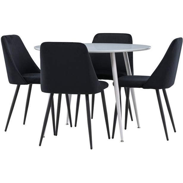 Pyöreä ruokailuryhmä Venture Home, Ø100cm Plaza-pöytä + 4 mustaa Night-tuolia, sametti