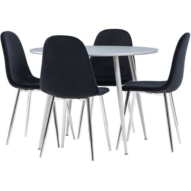 Pyöreä ruokailuryhmä Venture Home, Ø100cm Plaza-pöytä + 4 mustaa Polar-tuolia, sametti, eri värejä