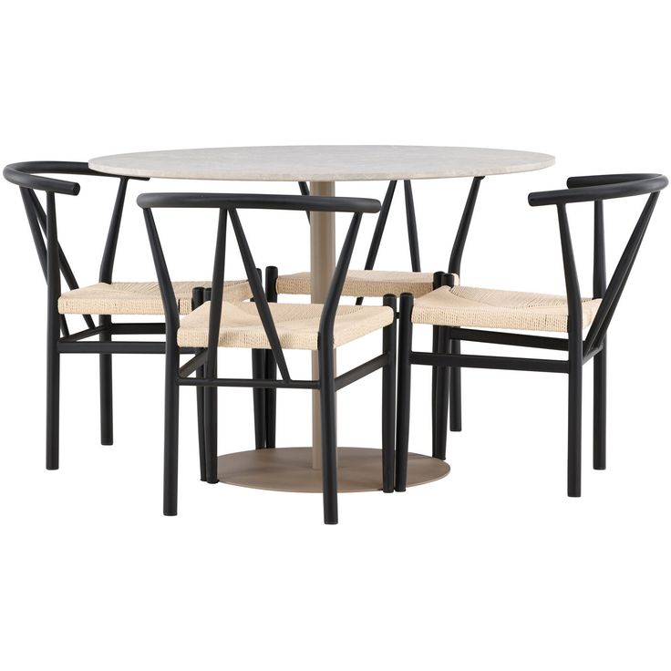 Pyöreä ruokailuryhmä Venture Home, Ø110cm beige Lycke-pöytä + 4 mustaa Alfons-tuolia