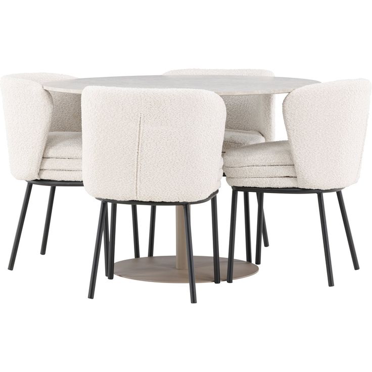 Pyöreä ruokailuryhmä Venture Home, Ø110cm beige Lycke-pöytä + 4 valkoista Agnes-tuolia, bouclé