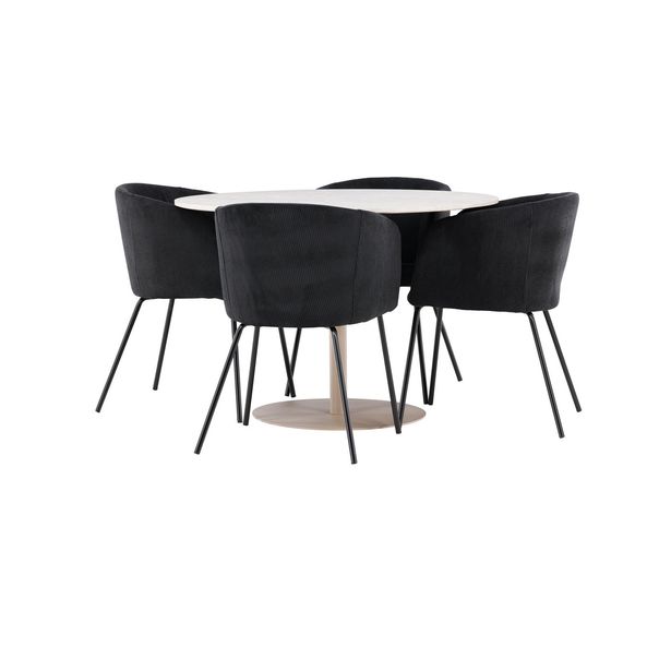 Pyöreä ruokailuryhmä Venture Home, Ø110cm beige Lycke-pöytä + 4 mustaa Berit-tuolia, vakosametti