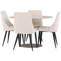 Pyöreä ruokailuryhmä Venture Home, Ø110cm beige Lycke-pöytä + 4 beigeä Leone-tuolia, vakosametti