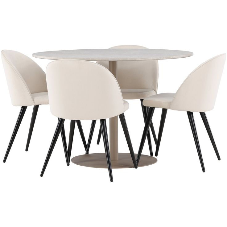 Pyöreä ruokailuryhmä Venture Home, Ø110cm beige Lycke-pöytä + 4 beigeä Velvet-tuolia, sametti