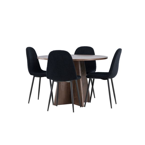 Pyöreä ruokailuryhmä Venture Home, Ø110cm ruskea Bootcut-pöytä + 4 mustaa Polar-tuolia, teddy