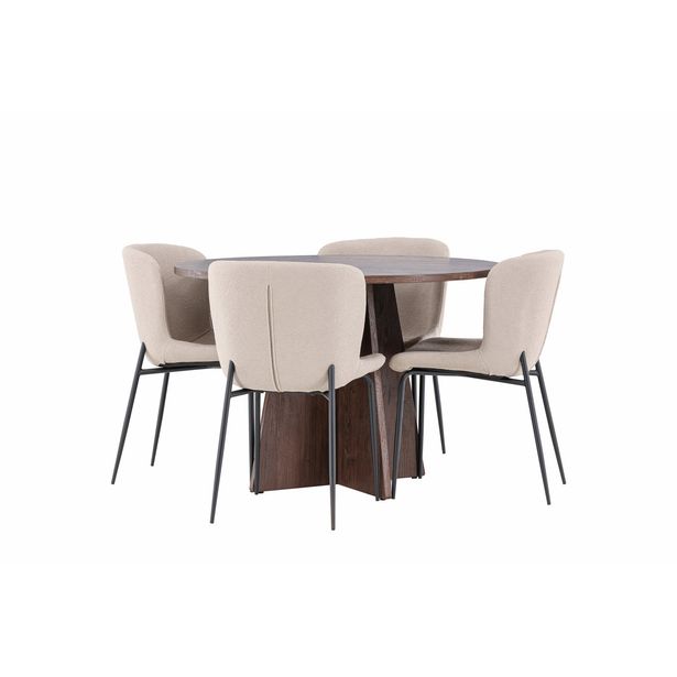 Pyöreä ruokailuryhmä Venture Home, Ø110cm ruskea Bootcut-pöytä + 4 beigeä Modesto-tuolia, bouclé