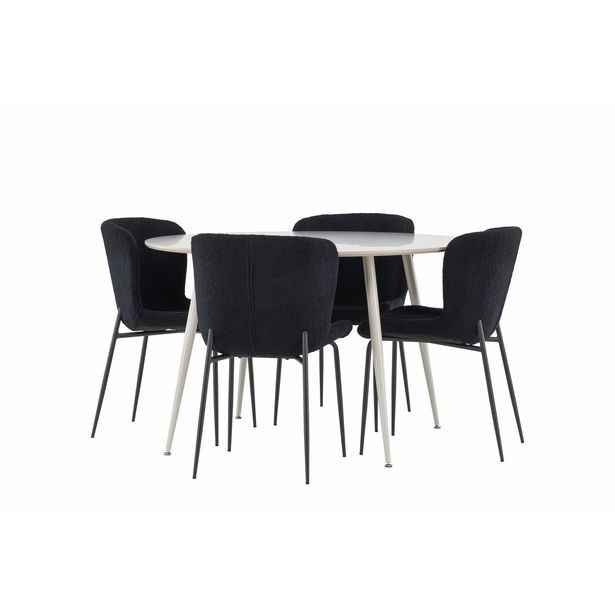 Pyöreä ruokailuryhmä Venture Home, Ø120cm beige Plaza-pöytä + 4 mustaa Modesto-tuolia, teddy