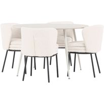 Pyöreä ruokailuryhmä Venture Home, Ø120cm beige Plaza-pöytä + 4 valkoista Agnes-tuolia, bouclé