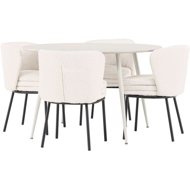 Pyöreä ruokailuryhmä Venture Home, Ø120cm beige Plaza-pöytä + 4 valkoista Agnes-tuolia, bouclé