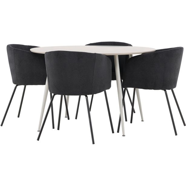 Pyöreä ruokailuryhmä Venture Home, Ø120cm beige Plaza-pöytä + 4 mustaa Berit-tuolia, vakosametti