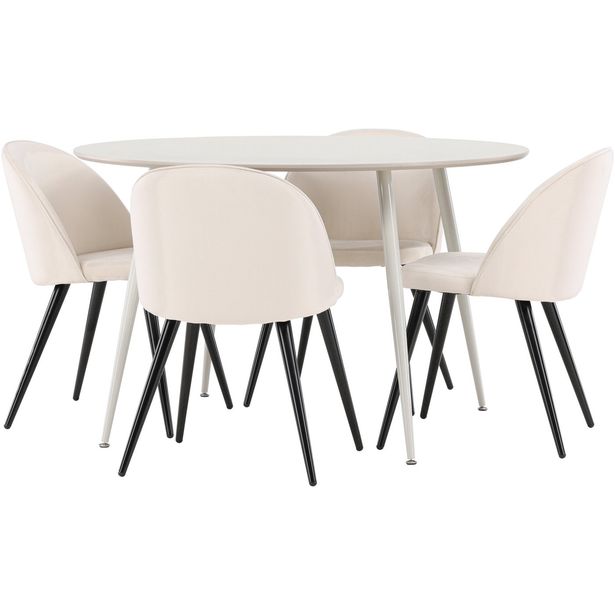 Pyöreä ruokailuryhmä Venture Home, Ø120cm beige Plaza-pöytä + 4 beigeä Velvet-tuolia, sametti