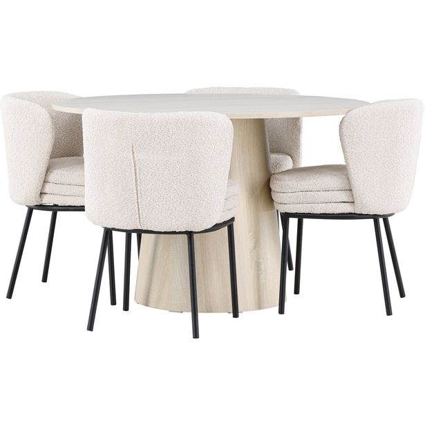 Pyöreä ruokailuryhmä Venture Home, Ø120cm vaalea Lanzo-pöytä + 4 valkoista Agnes-tuolia, bouclé