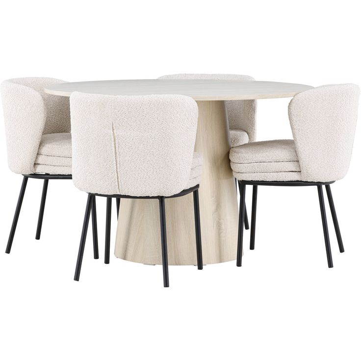 Pyöreä ruokailuryhmä Venture Home, Ø120cm vaalea Lanzo-pöytä + 4 valkoista Agnes-tuolia, bouclé