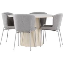 Pyöreä ruokailuryhmä Venture Home, Ø120cm vaalea Lanzo-pöytä + 4 harmaata Modesto-tuolia, bouclé