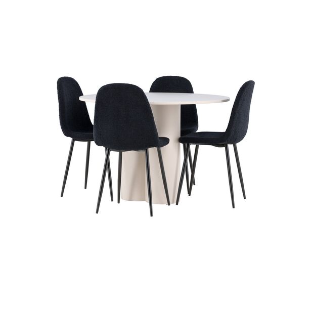 Pyöreä ruokailuryhmä Venture Home, Ø110cm Olivia-pöytä + 4 mustaa Polar-tuolia, teddy