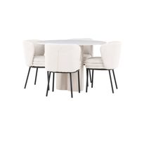 Pyöreä ruokailuryhmä Venture Home, Ø110cm Olivia-pöytä + 4 valkoista Agnes-tuolia, bouclé