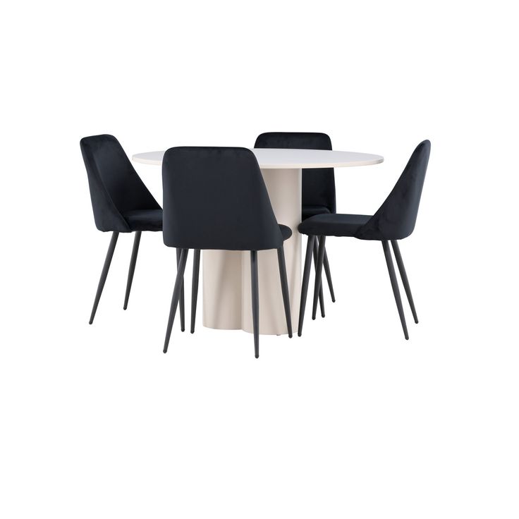 Pyöreä ruokailuryhmä Venture Home, Ø110cm Olivia-pöytä + 4 mustaa Night-tuolia, sametti