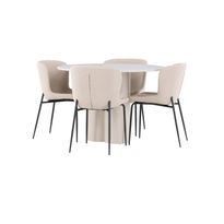 Pyöreä ruokailuryhmä Venture Home, Ø110cm Olivia-pöytä + 4 beigeä Modesto-tuolia, bouclé
