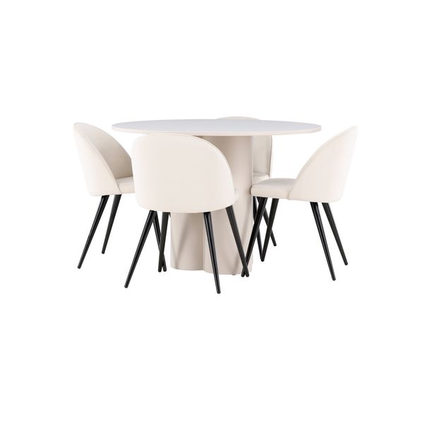 Pyöreä ruokailuryhmä Venture Home, Ø110cm Olivia-pöytä + 4 beigeä Velvet-tuolia, sametti