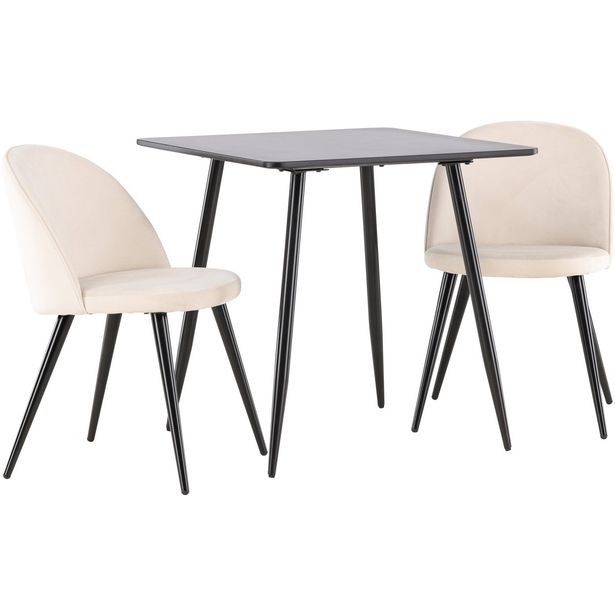 Ruokailuryhmä Venture Home, 75x75cm musta Polar-pöytä + 2 beigeä Velvet-tuolia, sametti