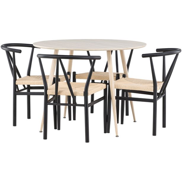 Pyöreä ruokailuryhmä Venture Home, Ø100cm vaalea Plaza-pöytä + 4 mustaa Alfons-tuolia