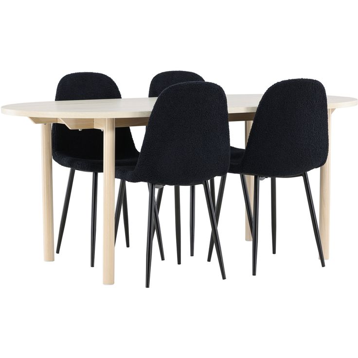 Soikea ruokailuryhmä Venture Home, 180x90cm vaalea Andy-pöytä + 4 mustaa Polar-tuolia, teddy