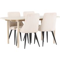 Soikea ruokailuryhmä Venture Home, 180x90cm vaalea Andy-pöytä + 4 beigeä Leone-tuolia, vakosametti