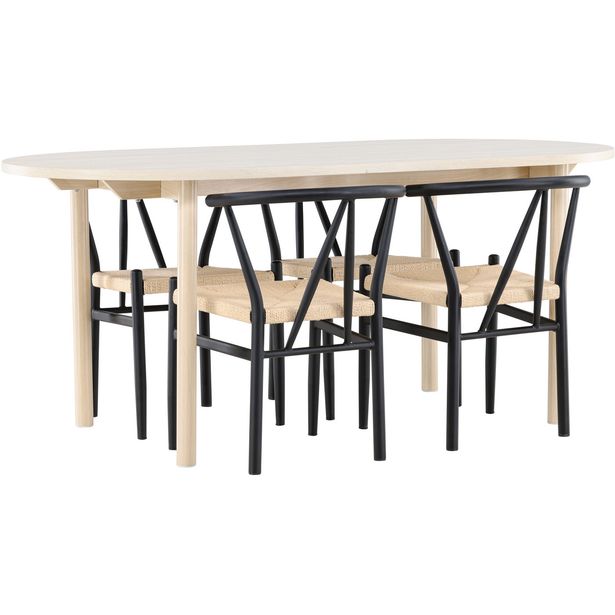 Soikea ruokailuryhmä Venture Home, 180x90cm vaalea Andy-pöytä + 4 mustaa Alfons-tuolia