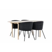 Soikea ruokailuryhmä Venture Home, 180x90cm vaalea Andy-pöytä + 4 mustaa Berit-tuolia, vakosametti