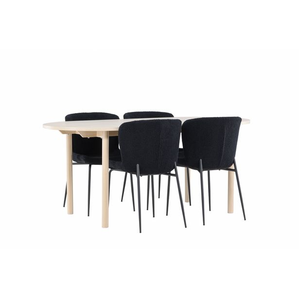 Soikea ruokailuryhmä Venture Home, 180x90cm vaalea Andy-pöytä + 4 mustaa Modesto-tuolia, teddy