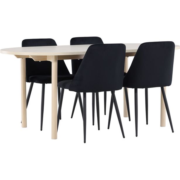 Soikea ruokailuryhmä Venture Home, 180x90cm vaalea Andy-pöytä + 4 mustaa Night-tuolia, sametti