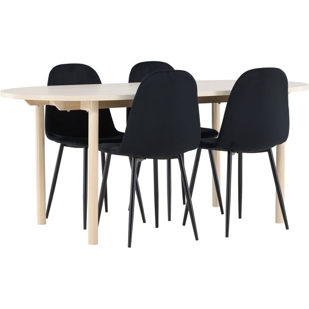 Soikea ruokailuryhmä Venture Home, 180x90cm vaalea Andy-pöytä + 4 mustaa Polar-tuolia, sametti